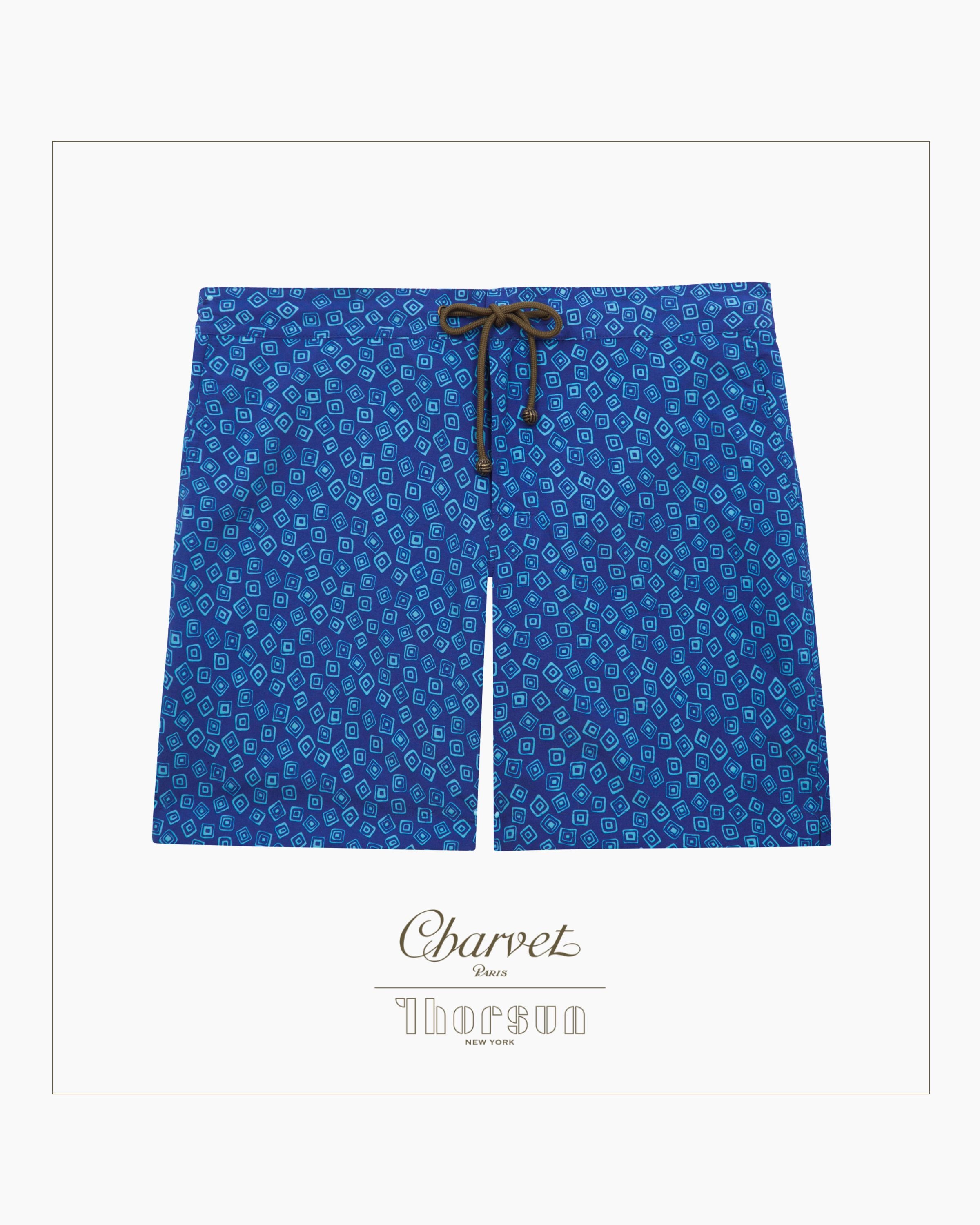 Charvet x Thorsun luxury men's swim shorts in Royal Blue Floating Squares geometric print