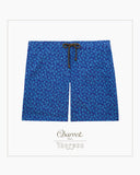 Charvet x Thorsun luxury men's swim shorts in Royal Blue Floating Squares geometric print